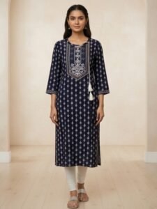 Women’s Printed Straight Kurta with Embroidered Yoke