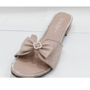 Women’s Elegant Bow Heel Sandals (Beige Glitter Slip-On Heels)