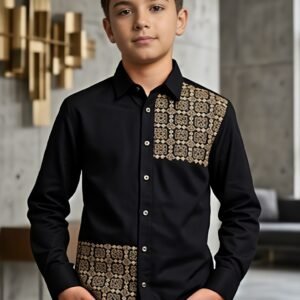 Boys Premium Black Designer Shirt with Golden Print Panel